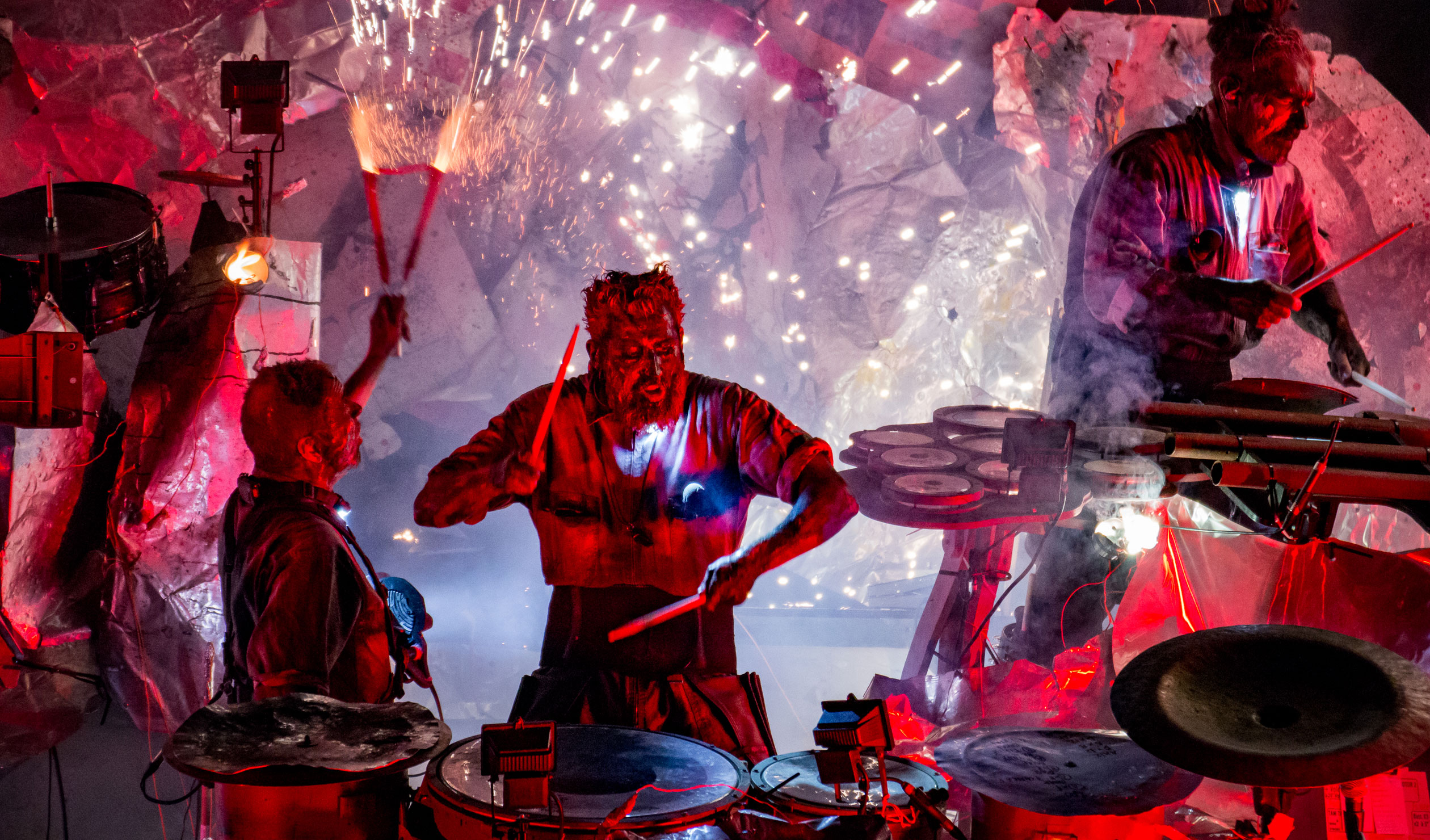 There is an almost Mad Max-esque aesthetic to Les Commandos Percu's pyrotechnic and percussion spectacular 'SILENCE !'. Photo: Supplied   