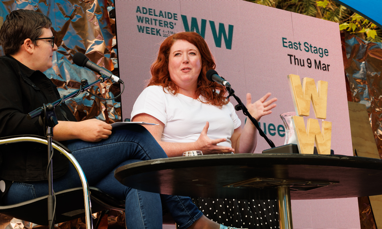 Australian thriller writer Jane Harper (right) speaks with  Beejay Silcox at Adelaide Writers' Week session 'The Aussie Queen of Noir'. Photo: Tony Lewis