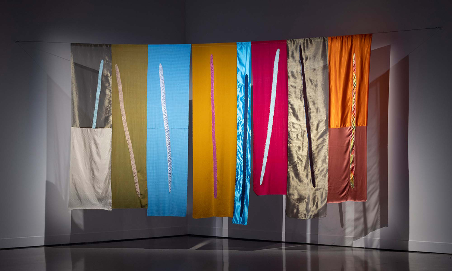 2023 Ramsay Art Prize finalist Katie West's 'Fence lines & Digging sticks', 2022, York, WA, found fabric, thread, wire; courtesy the artist. Photo: Bo Wong