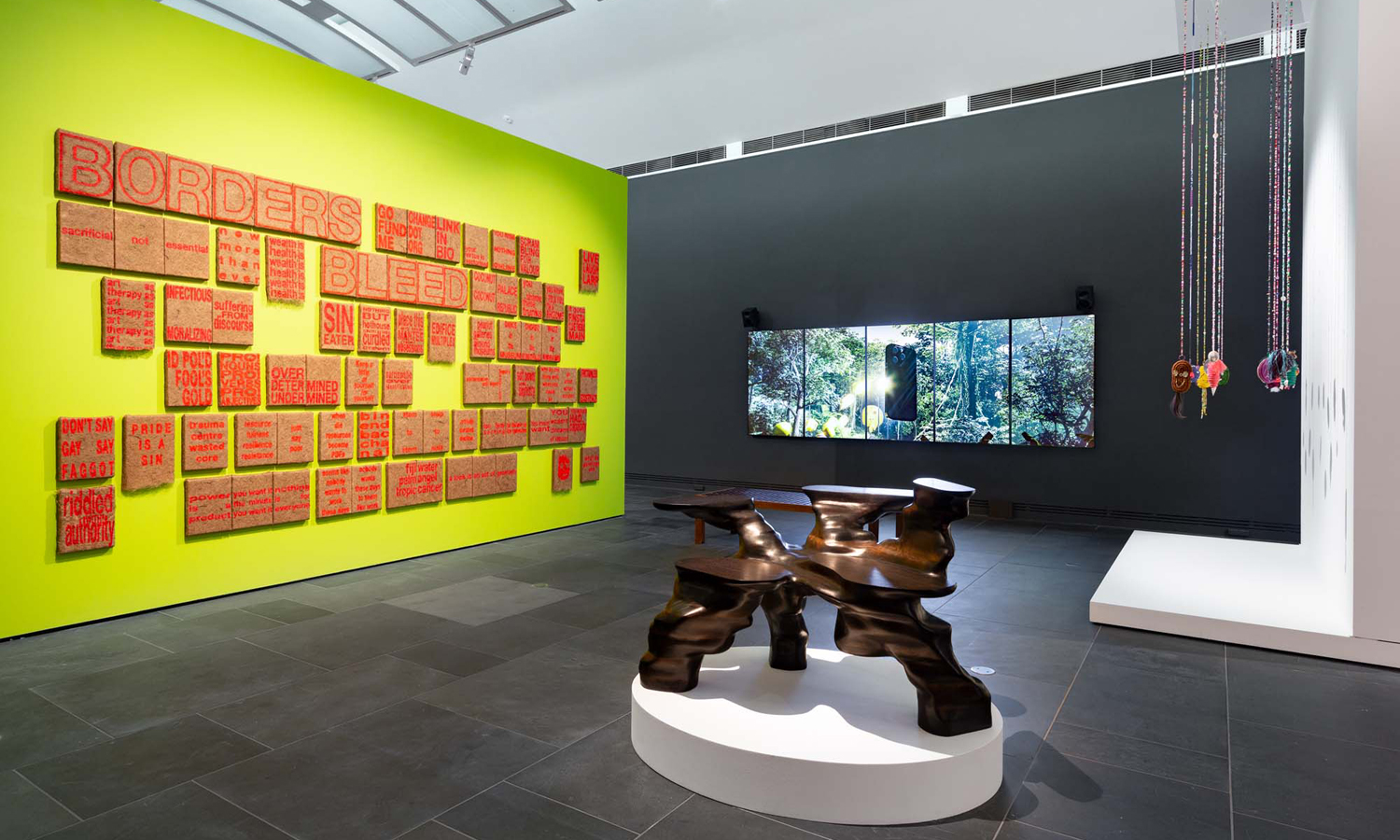 An installation view of the 2023 Ramsay Art Prize at the Art Gallery of SA, including Olive Gill-Hille’s 'Nocturne' (foreground) and works by JD Reforma, Daniel McKewen and Carla Adams. Photo: Saul Steed / supplied