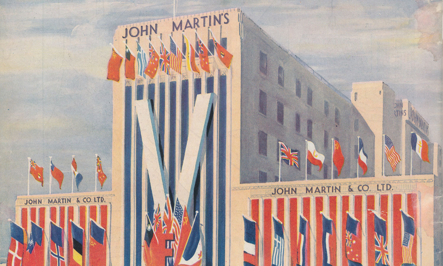 An image of John Martin's decorated for VE Day which appeared as an advertisement in 'Your Home' booklet in 1946.