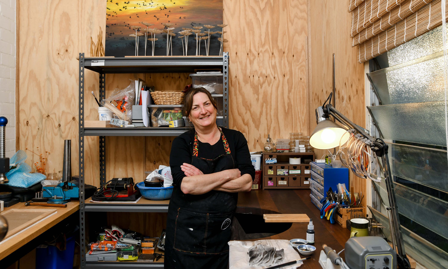 Michelle Kelly's home studio is overflowing with tools, silicone moulds and past projects. Photo: Jack Fenby / inReview