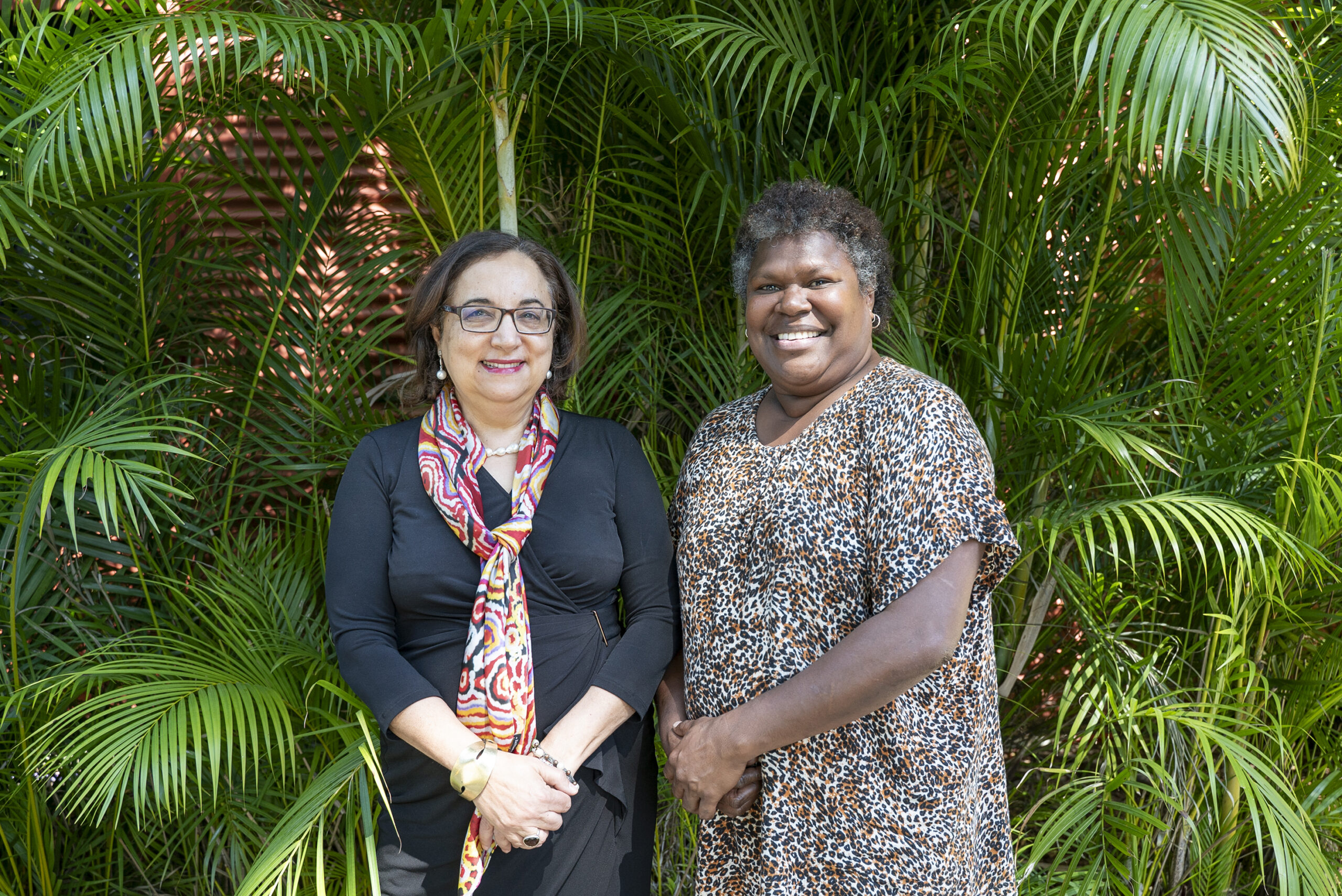 Flying Arts Alliance chair Anthe Philippides with Cairns artist Rosella Namok