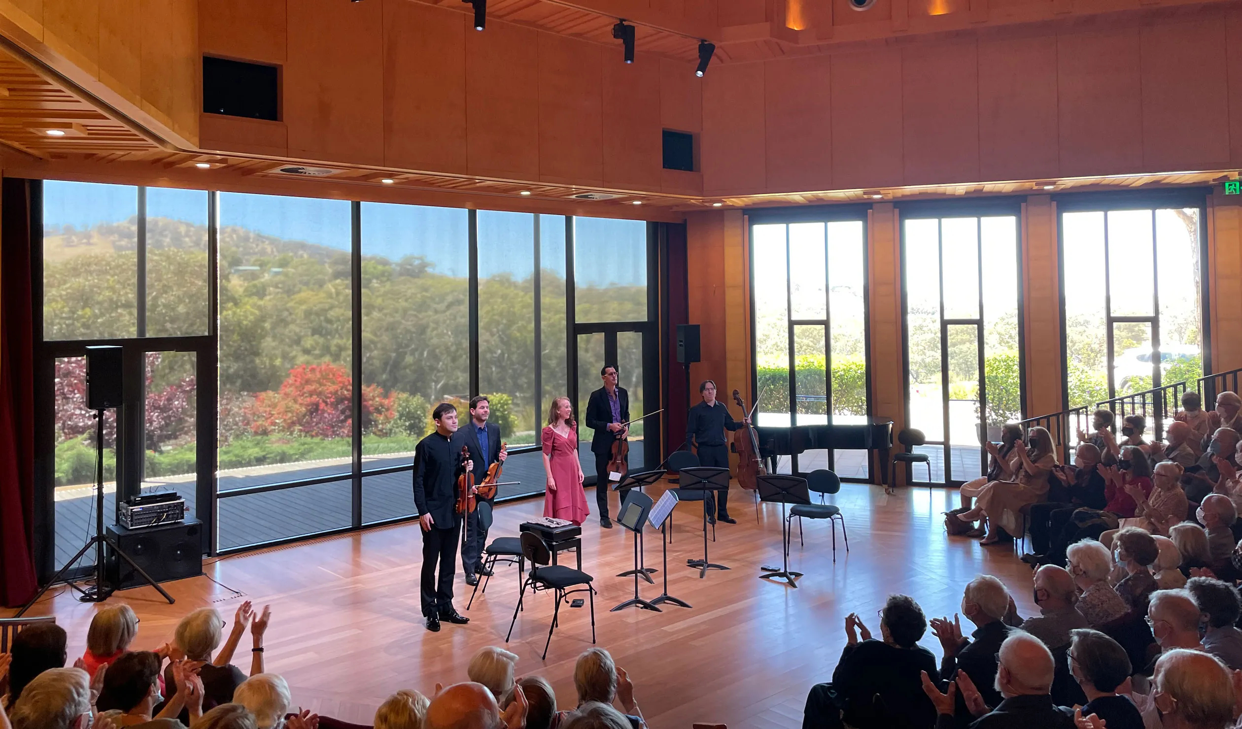 Musicians Kristian Winther, Andrew Haveron, Genevieve Lacey, Tobias Breider and Umberto Clerici at UKARIA 24 in 2021.