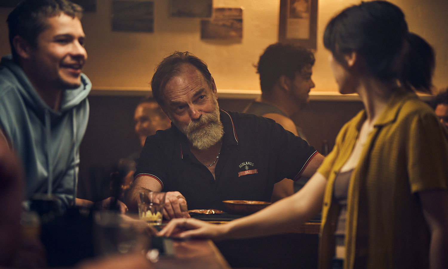 Toby Wallace, Hugo Weaving and Jessica Henwick in outback thriller 'The Royal Hotel'. Photo: See-Saw Films 