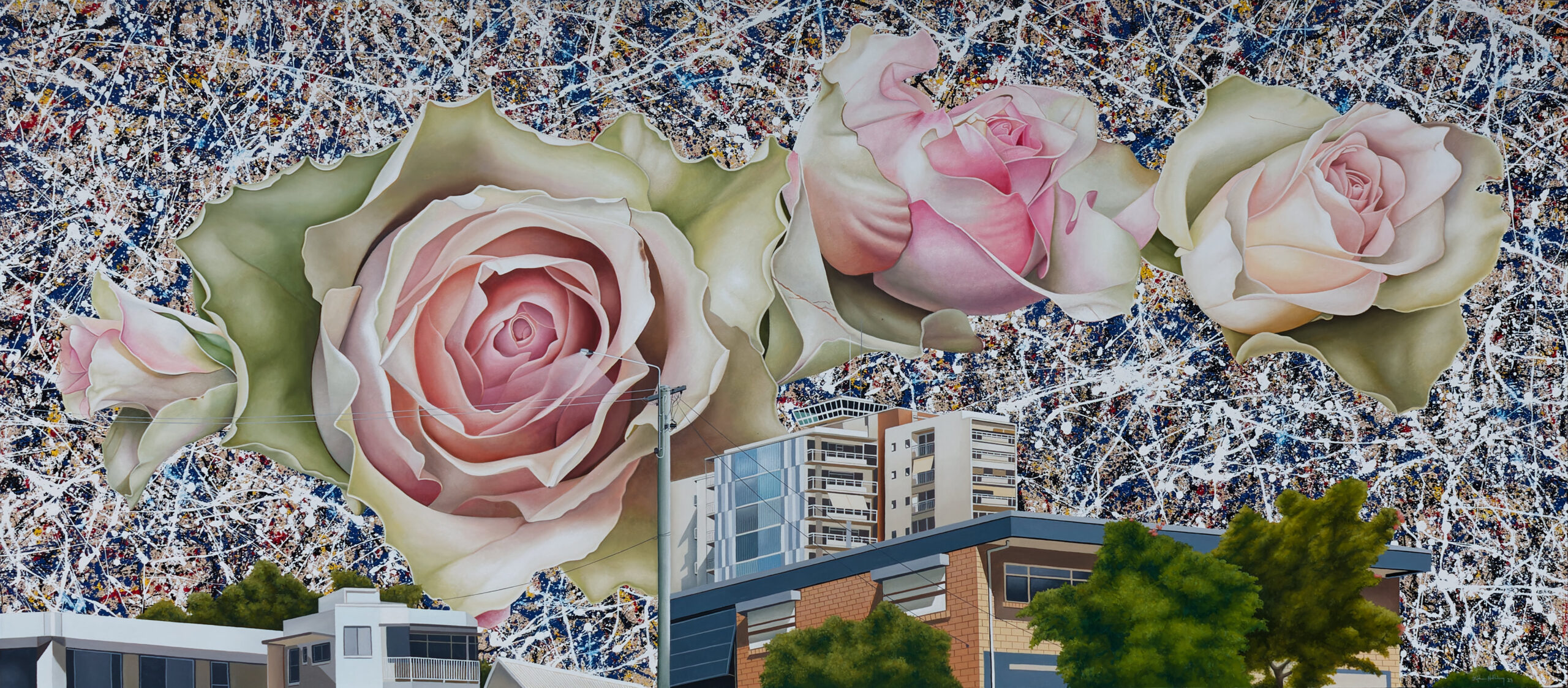 Stephen Nothling's painting Modern Fiction imagines a Brisbane cityscape with a Jackson Pollock sky. 