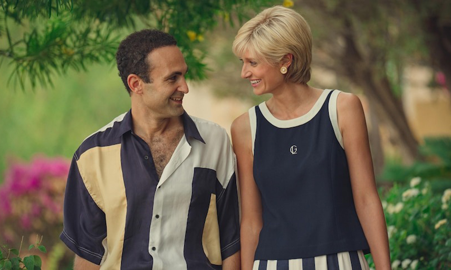 Elizabeth Debicki and Khalid Abdalla in character as Princess Diana and Dodi Fayed in season six of The Crown (Netflix: Daniel Escale)