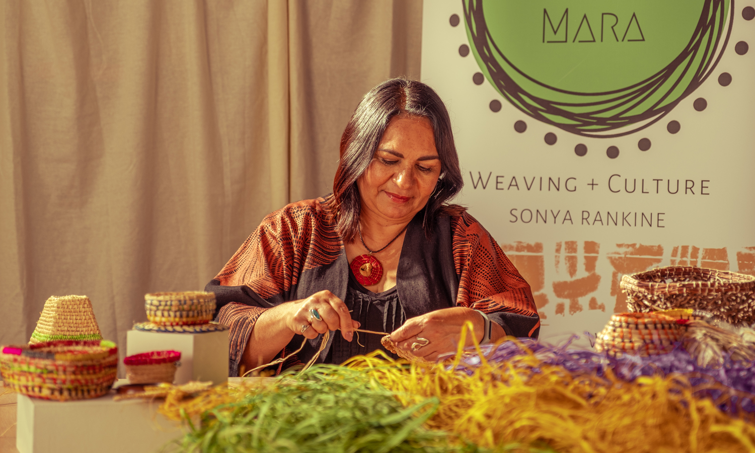 Sonya Rankine presents a workshop in traditional Ngarrindjeri and Ngadjuri weaving techniques at JamFactory at Seppeltsfield. Photo: Connor Patterson, courtesy JamFactory 