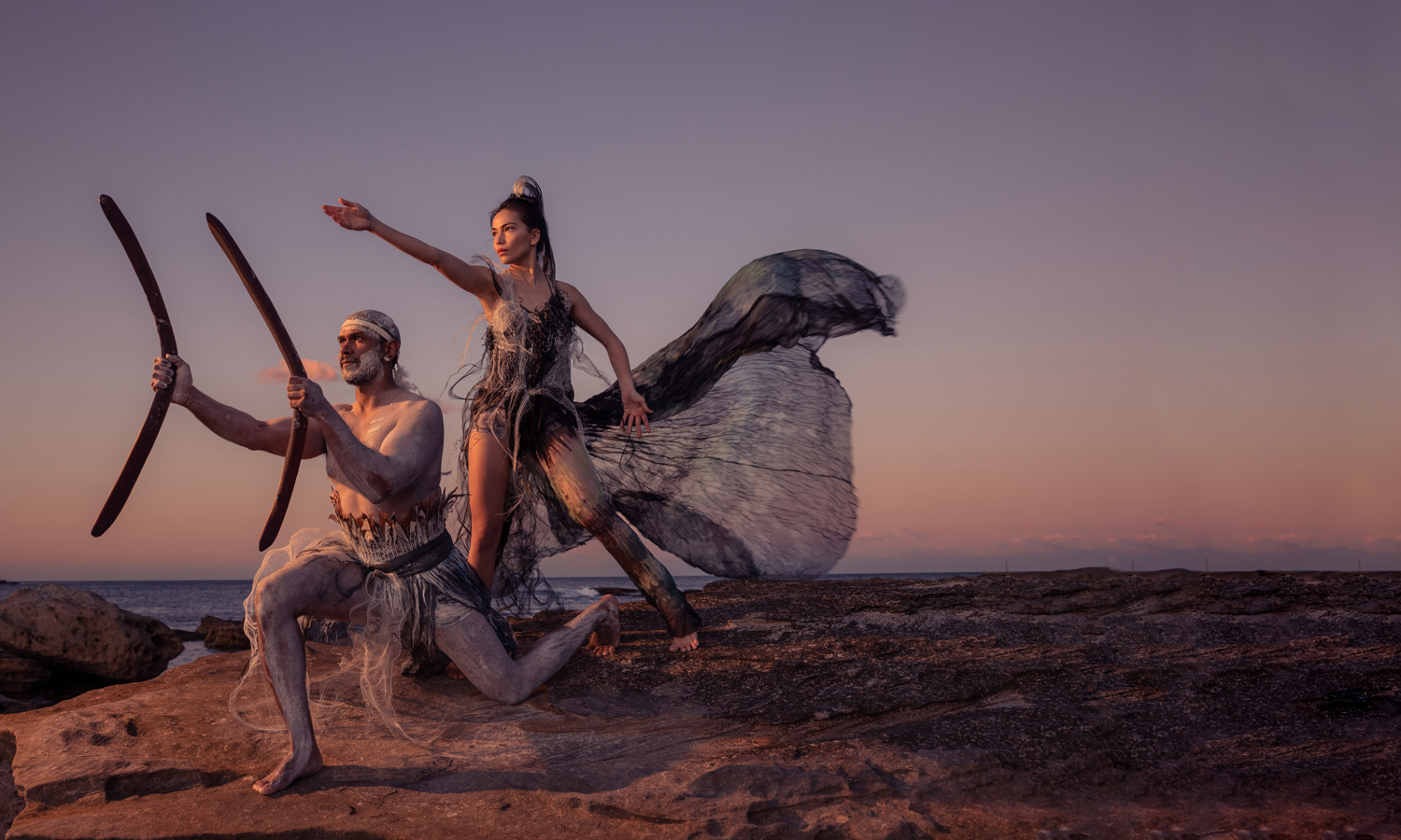 Dancers Maanyung and Rika Hamaguchi – 'Baleen Moondjan' will be performed on the shores of Pathawilyangga (Glenelg) Beach at sunset. Photo: Daniel Boud / supplied