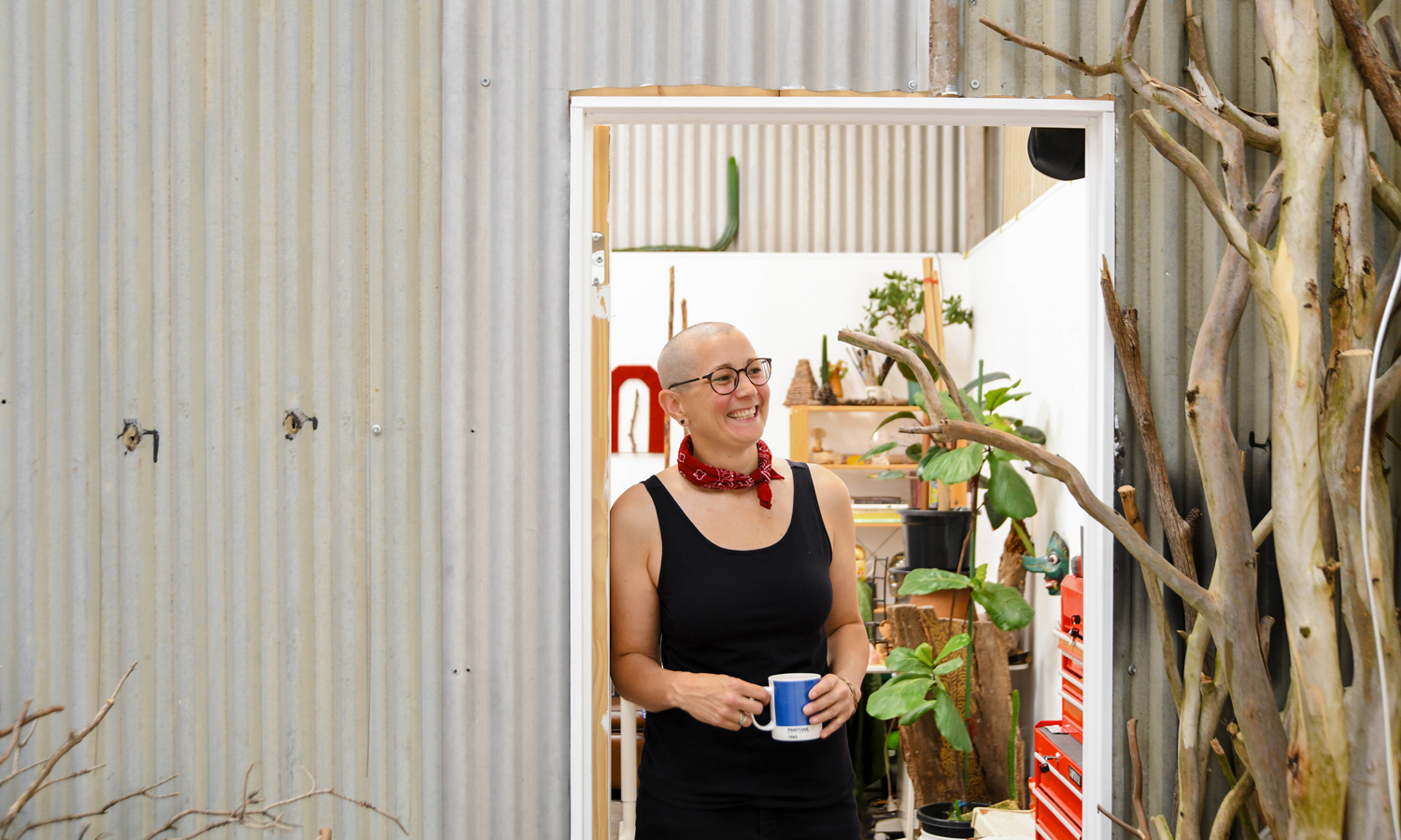 Artist Oakey at the entrance to her Kent Town studio. Photo: Jack Fenby / InReview