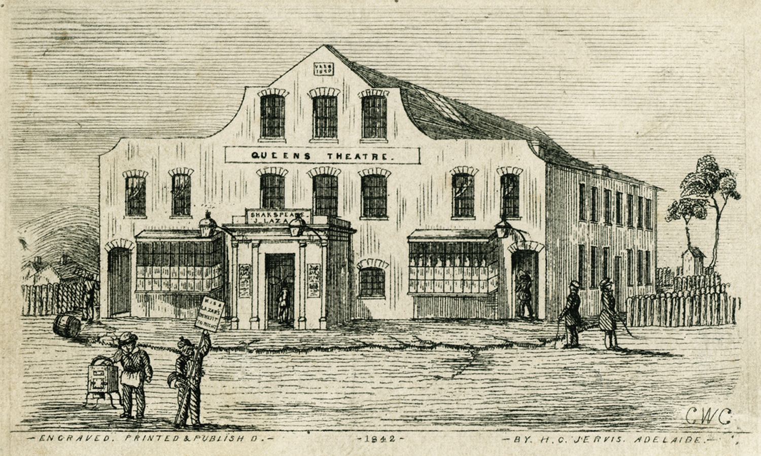 An 1842 lithographed sketch captures the Queen’s Theatre in its early years. Drawn by C.W.C.; engraved, printed & published by HC Jervis, Adelaide. State Library of South Australia, B 4502.
