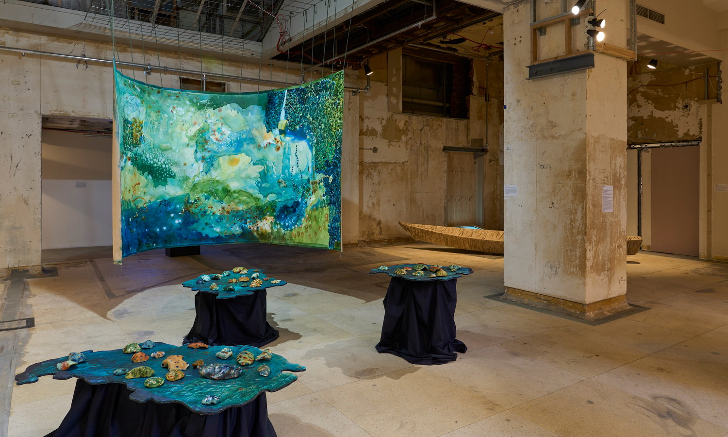 'Neoterica' installation view featuring Eleanor Alice's 'Dig deep, bury, find, discover and recover' and Riza Manalo's 'Homage to the Unknown'. Photo: Sam Roberts / supplied