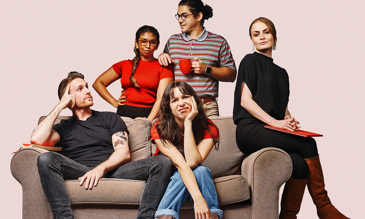 Rijan Laine, Janaki Gerard, Tegan Braithwaite, Dudley Powell and Amelia Slatter star in Banging Denmark at PIP Theatre in Brisbane.