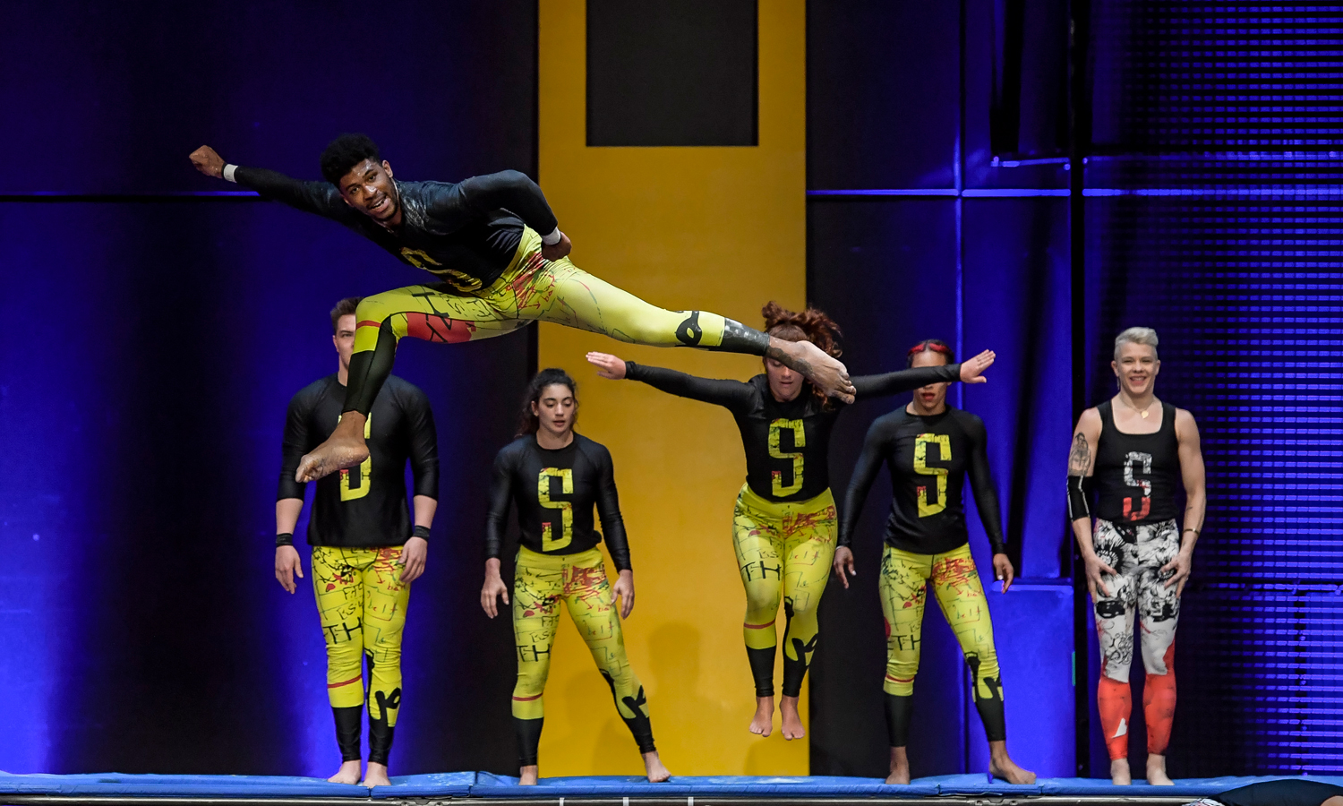Performers dive through the air in STREB EXTREME ACTION'S Adelaide Festival show 'Time Machine'. Photo: Roy VanDerVegt / supplied