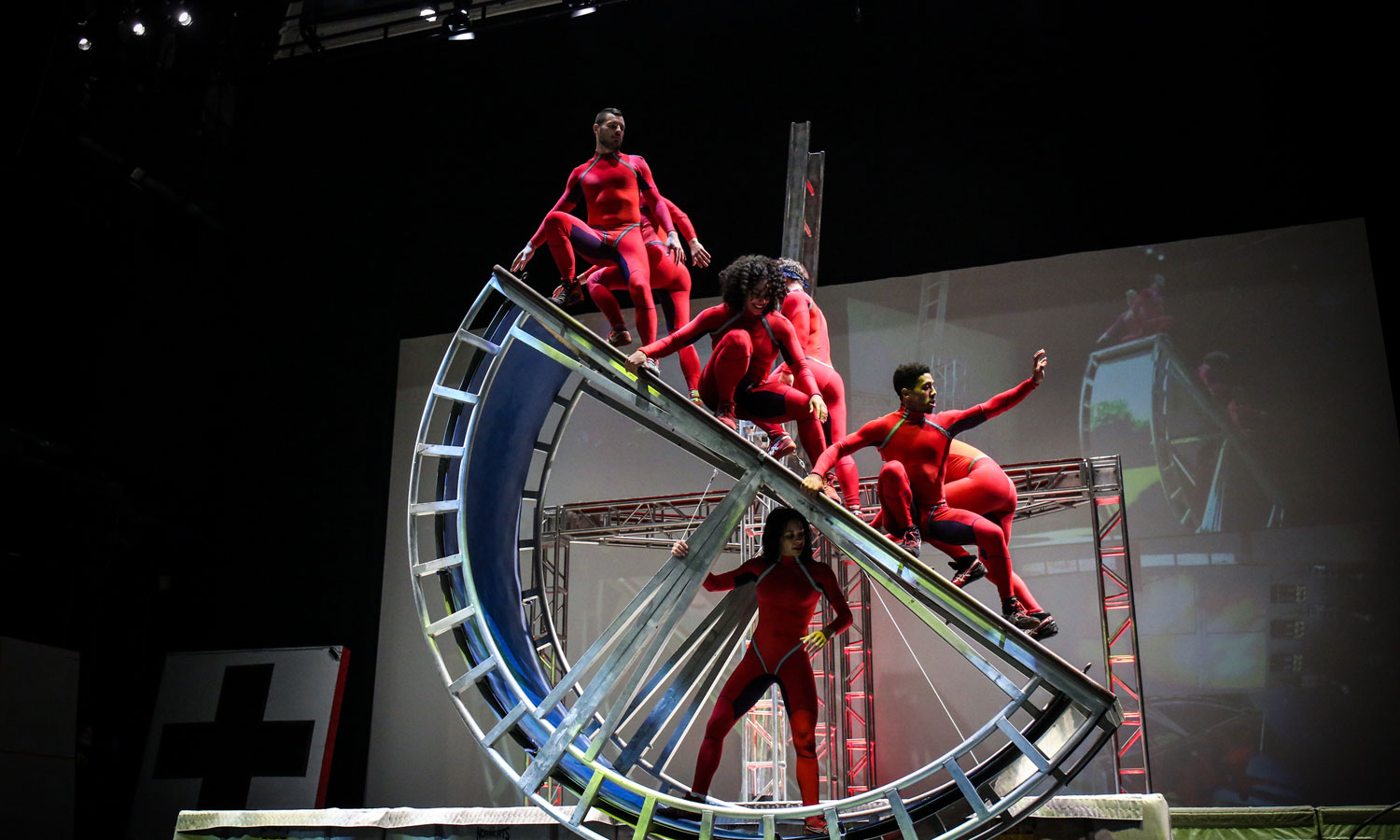 STREB EXTREME ACTION performers – AKA 'action heroes' – moving around one of the bespoke metal machines used in 'Time Machine'. Photo: Ralph Alswang / supplied