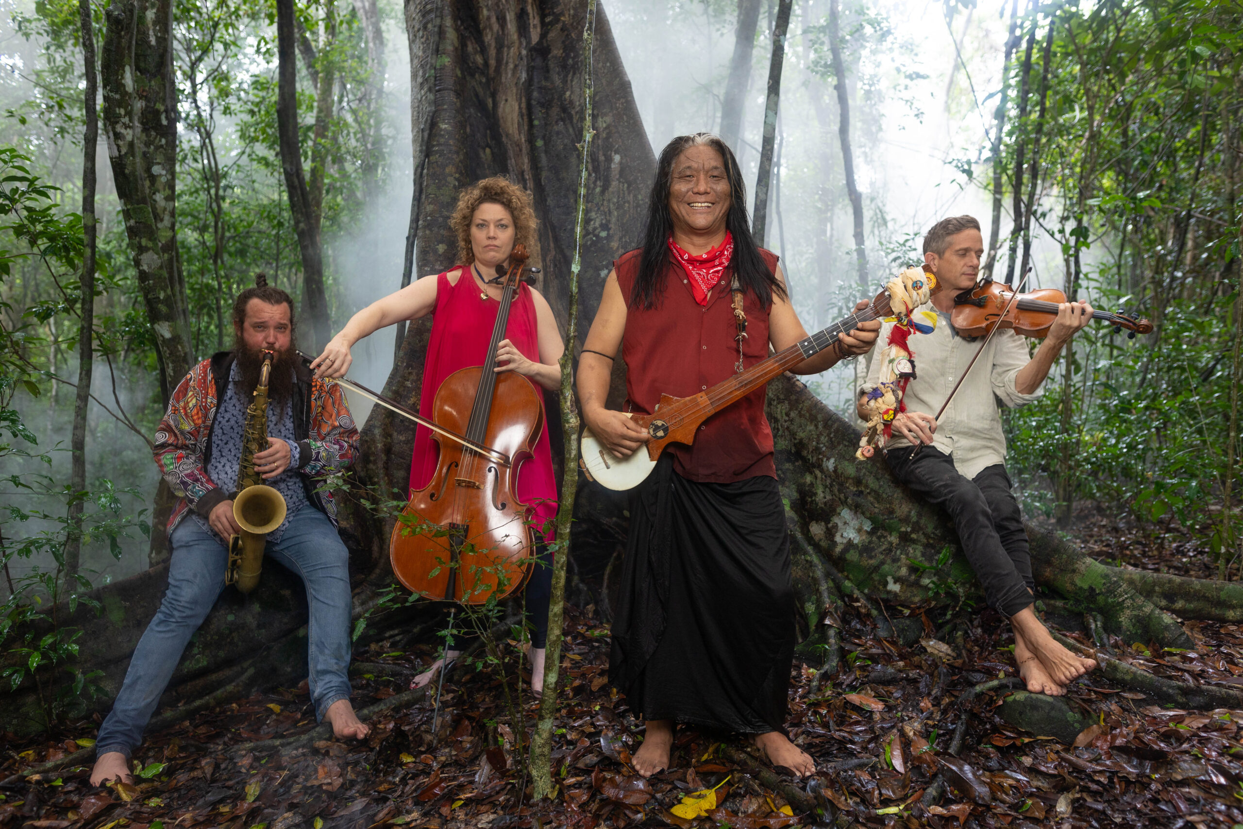 Musicians Zac Hurren, Danielle Bentley, Tenzin Choegyal and Cye Wood will perform in the Maroochy Bushlands Botanical Gardens at this year's Sunshine Coast Chamber Music Festival.