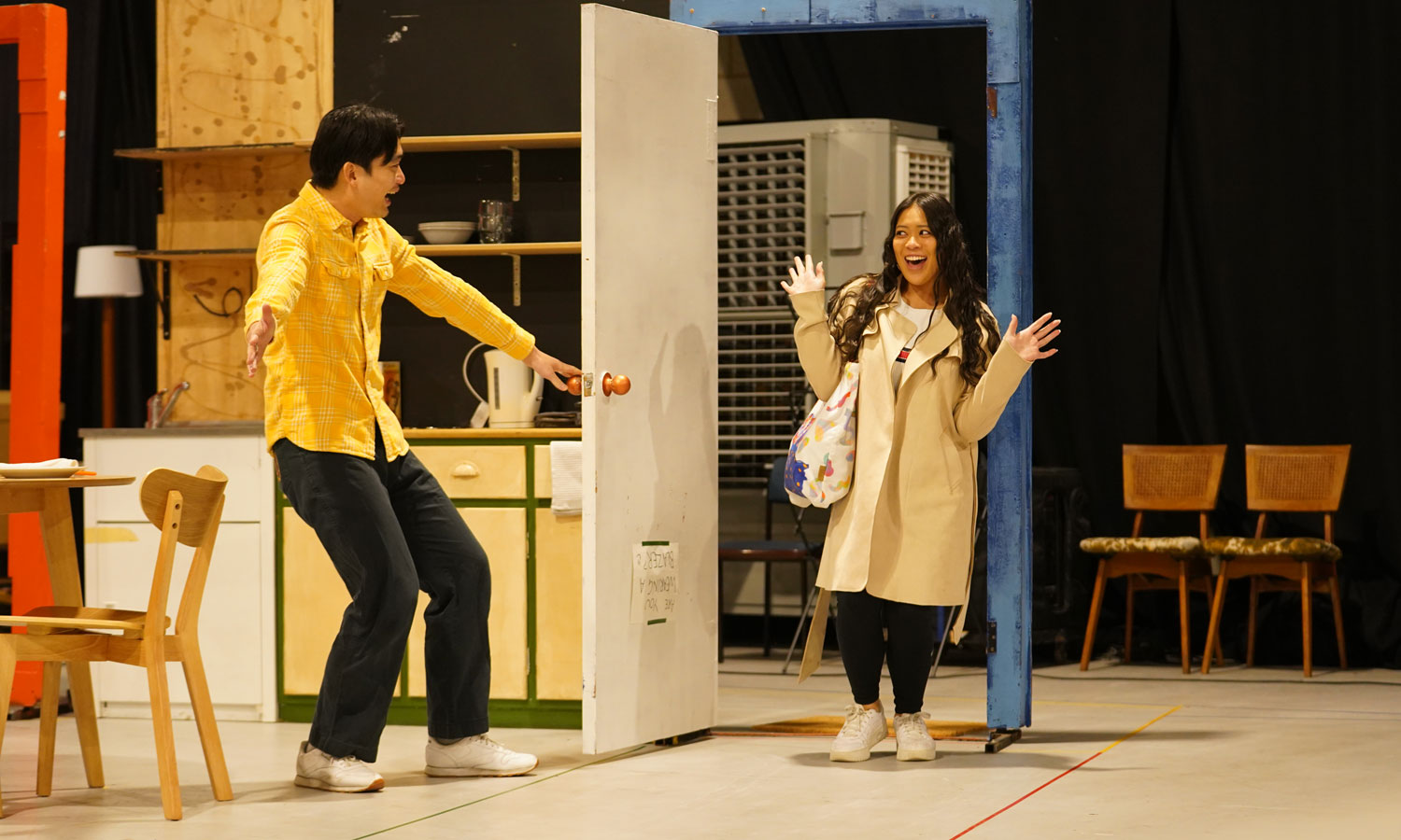 Actors Charles Wu and Chaya Ocampo during rehearsals for State Theatre Company SA's production of 'The Questions'. Photo: Matt Byrne