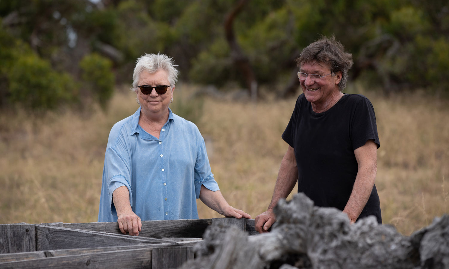 Lesley Forwood and James Darling on their farm Duck Island, near Keith. Photo: Jumpgate / supplied
