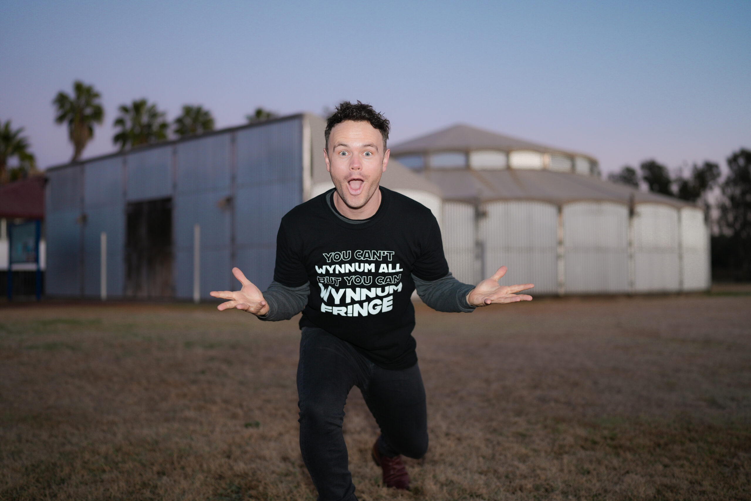 Wynnum Fringe founder Tom Oliver with the Augathella Spiegeltent, which is ready for the party at Wynnum. 